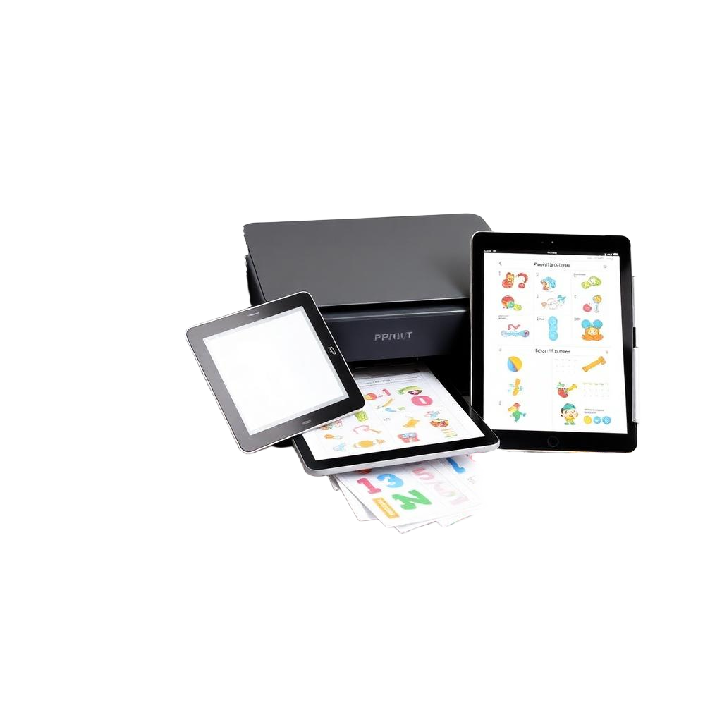 Mockup: apostilas impressas, tablet e impressora com atividades do Mega Pack